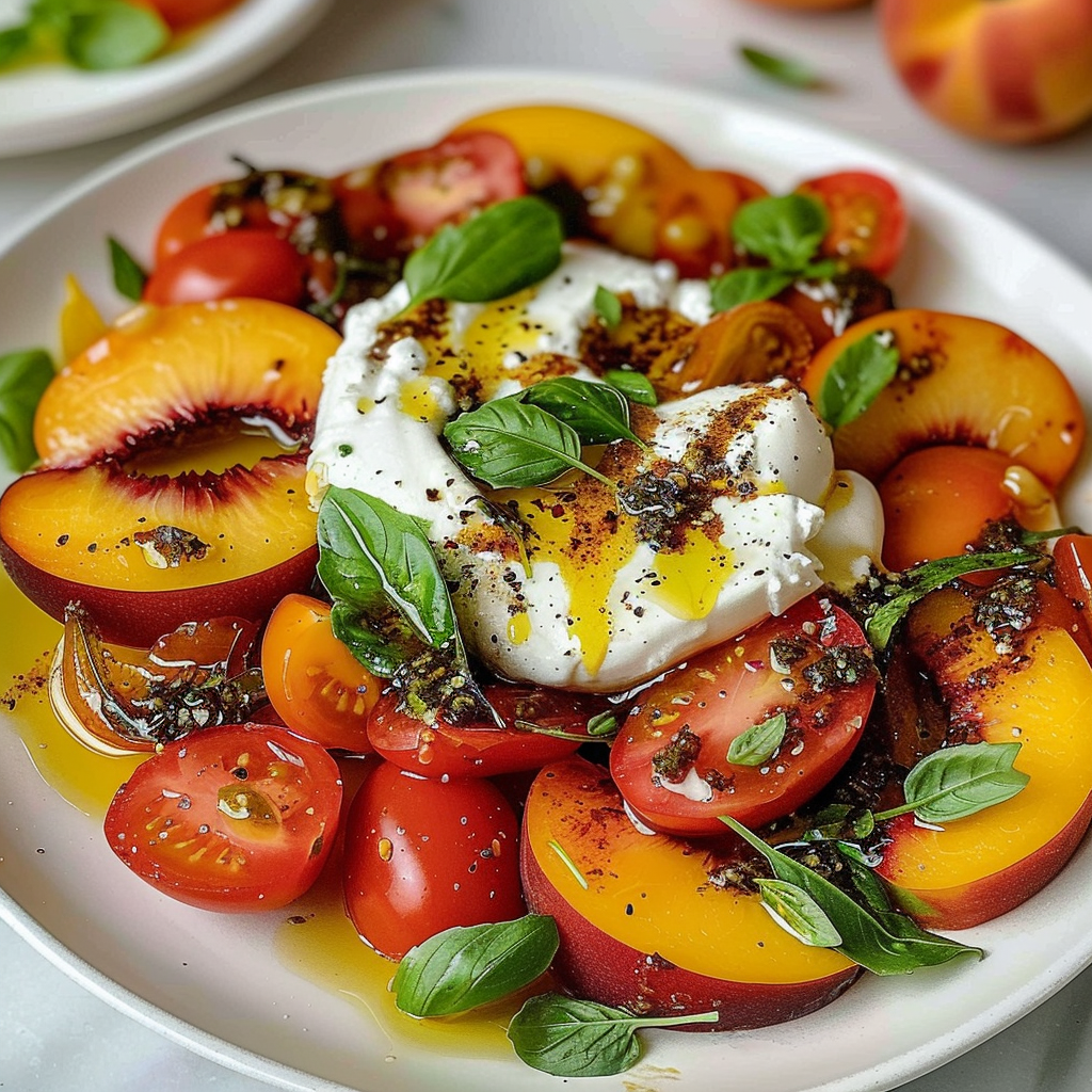 Tomato peach burrata salad