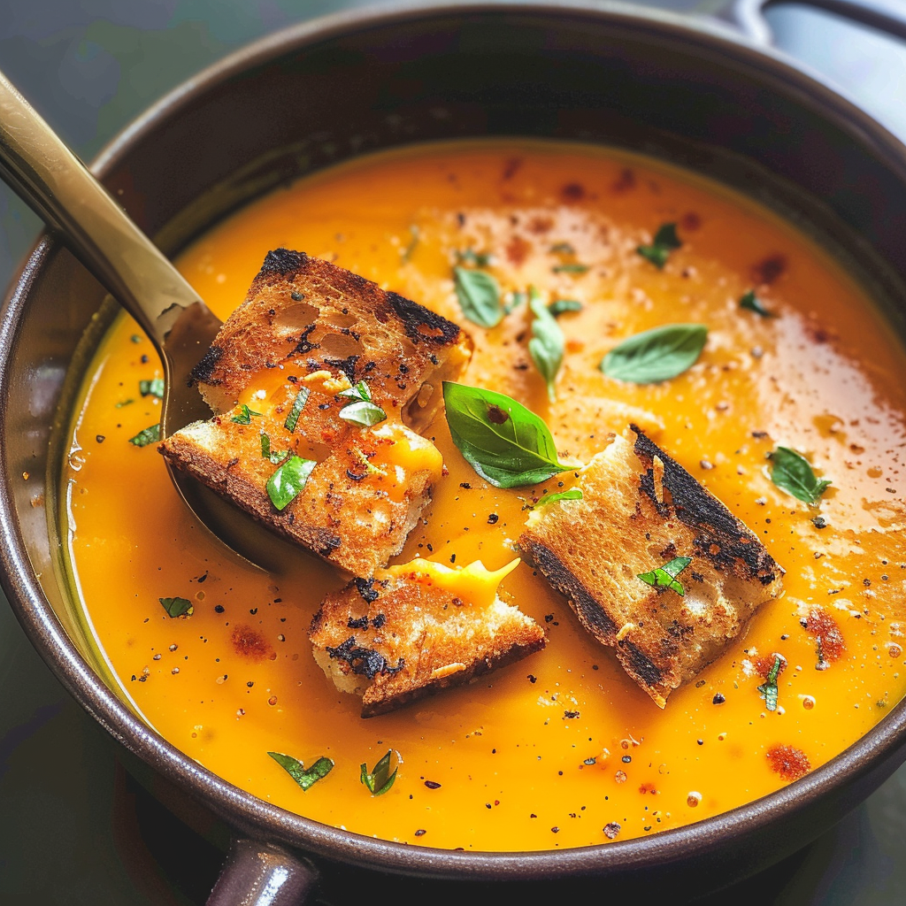 Pumpkin Bisque with Grilled Cheese Croutons